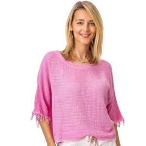 Look Mode Made in Italy Pink Linen Cotton Raw Hem Crop Top One Size